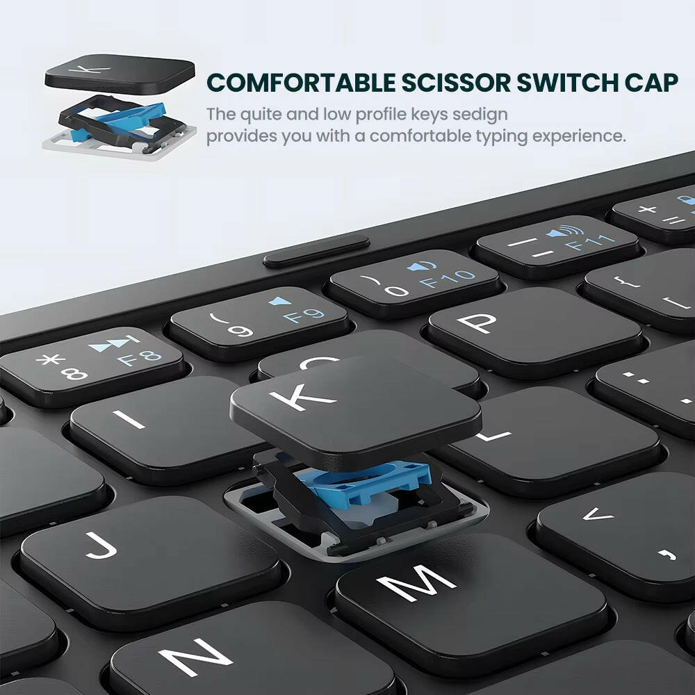 Portable Quadruple Folding Wireless Bluetooth Keyboard with Integrated Touchpad for Tablets and Smartphones across Windows, Android, and iOS Platforms.