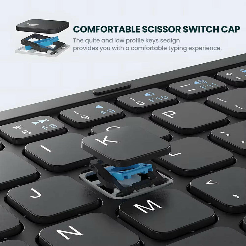 Portable Quadruple Folding Wireless Bluetooth Keyboard with Integrated Touchpad for Tablets and Smartphones across Windows, Android, and iOS Platforms.
