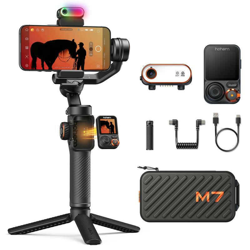 Hohem iSteady M7 Gimbal Stabilizer for Smartphones with AI Tracking, Magnetic Fill Light, Color Touchscreen Detachable Remote, Built-In Extension Rod, Ideal for TikTok, Vlogging, and Video Recording, Supports Up to 500g Payload.