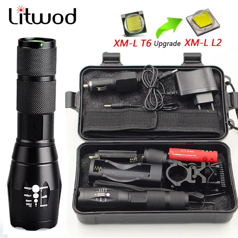 Litwod XML T6 LED Rechargeable Flashlight - 5000 LM, 5 Modes, Zoom Function, 18650 Battery, Ideal for Outdoor Camping and Emergency Use