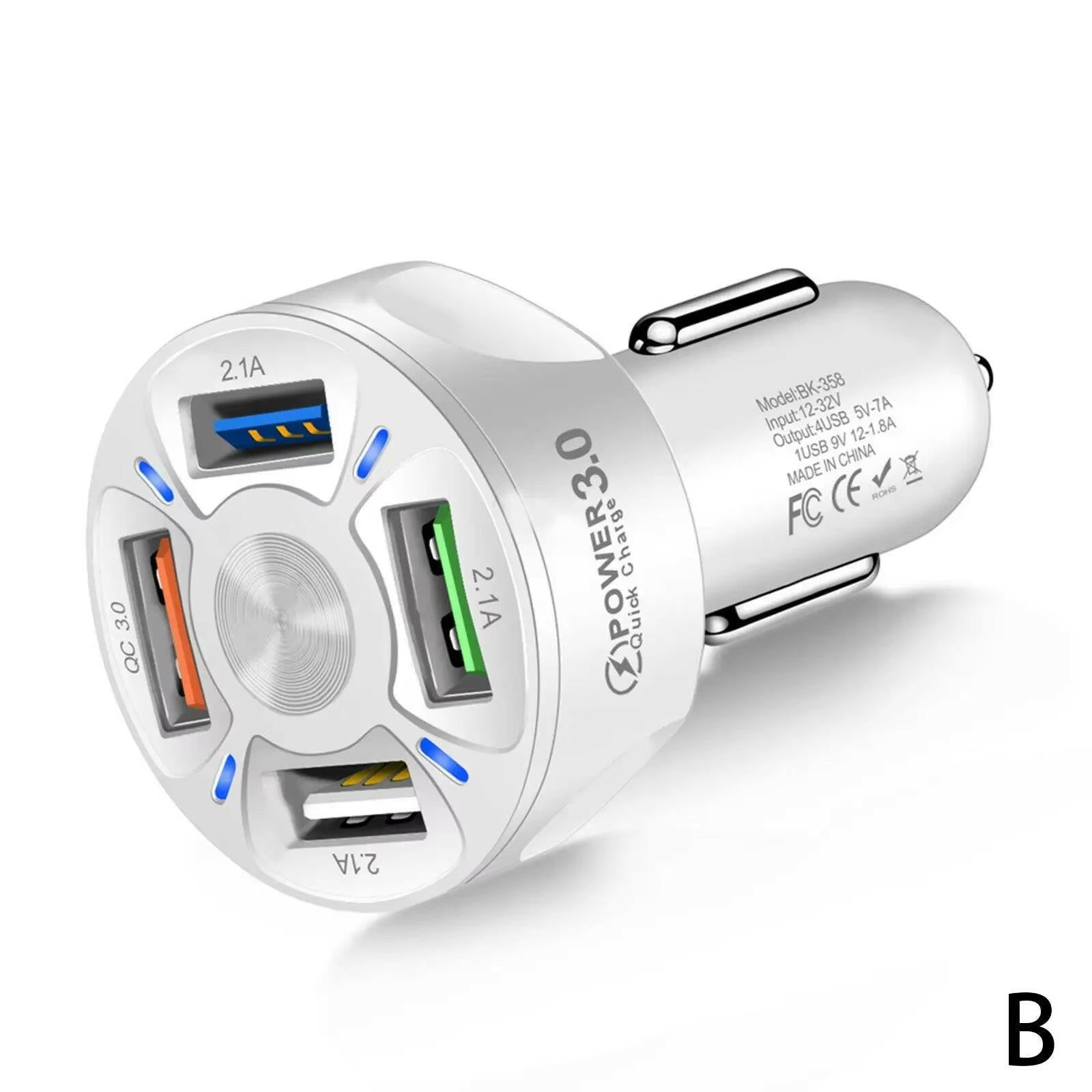 Car Charger with 4 USB Ports, Fast Charging LED Display, and QC 3.0 Adapter.