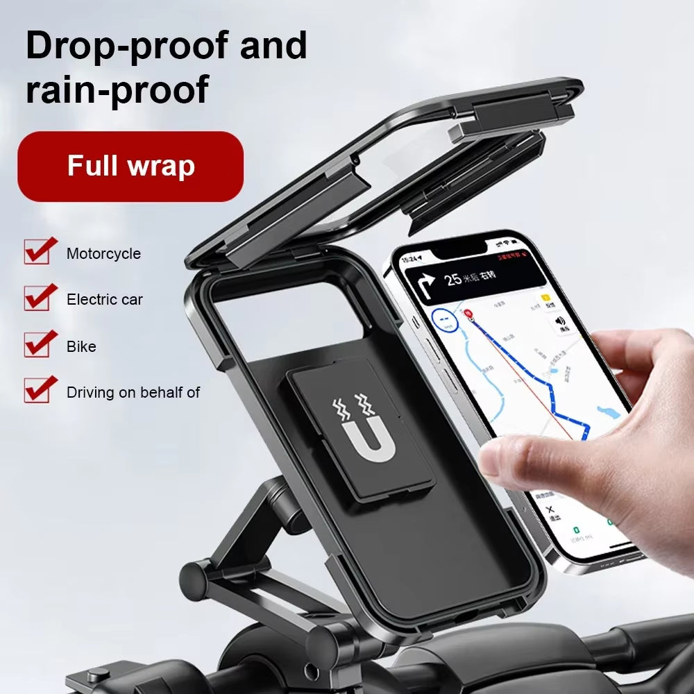 Universal Waterproof Motorcycle and Bicycle Mobile Phone Holder with Magnetic 360° Swivel and Adjustable Features