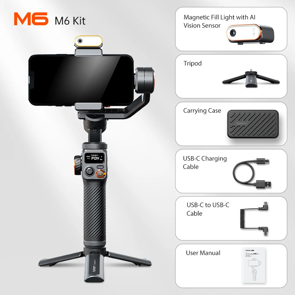 Hohem Isteady M6 3-Axis Gimbal Stabilizer with Foldable Selfie Stick, App Control, and Magnetic Fill Light for Smartphones