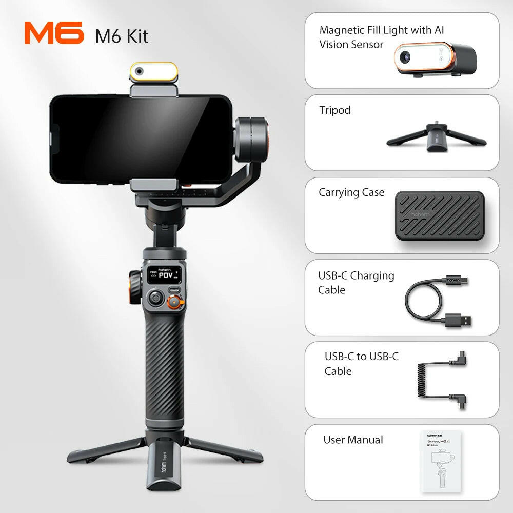 Hohem Isteady M6 3-Axis Gimbal Stabilizer with Foldable Selfie Stick, App Control, and Magnetic Fill Light for Smartphones.