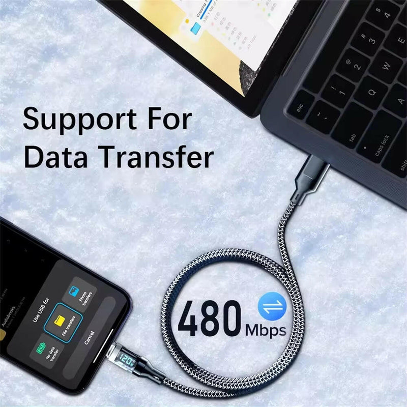 120W LED Digital Display USB Type-C Quick Charge Cable for OPPO, VIVO, and Huawei Fast Charging Data Transfer.