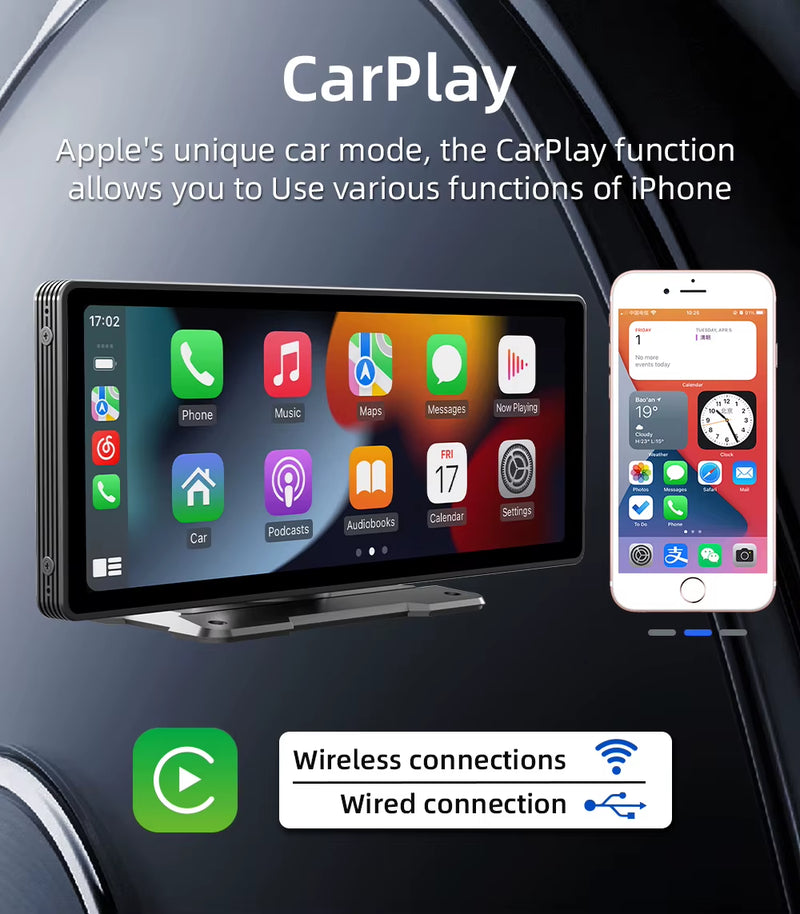 BQCC 10.26-Inch Portable Wireless CarPlay Display with HD Rearview Camera, Car Radio, DVR, MP5 Multimedia Video Player, and Android Auto Integration