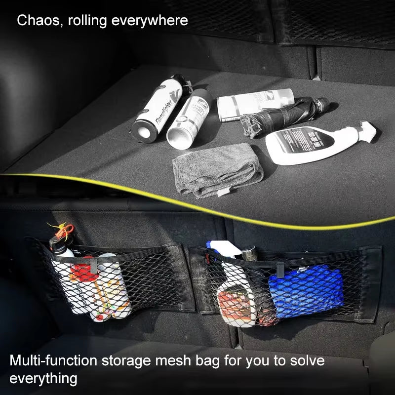 Car Back Seat Mesh Storage Organizer with Elastic String Net and Magic Sticker - Universal Trunk Pocket Cage