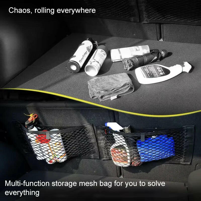 Car Back Seat Mesh Storage Organizer with Elastic String Net and Magic Sticker - Universal Trunk Pocket Cage.
