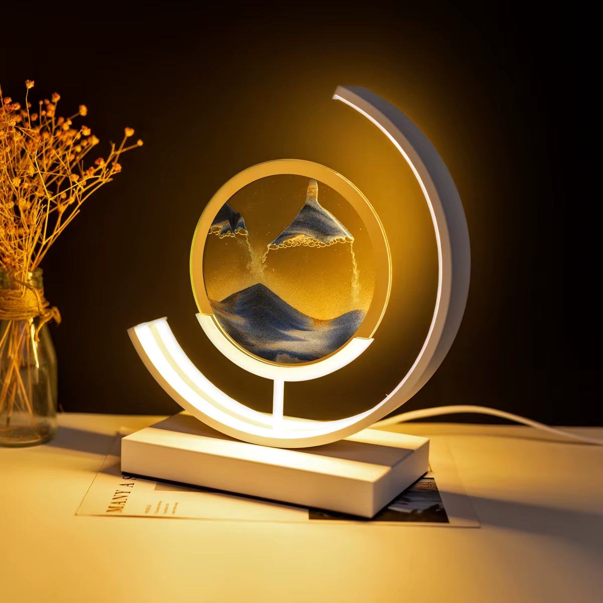 Elegant LED Quicksand Art Hourglass Lamp with Remote Control and 360° Rotation for Home and Bedroom Decoration.