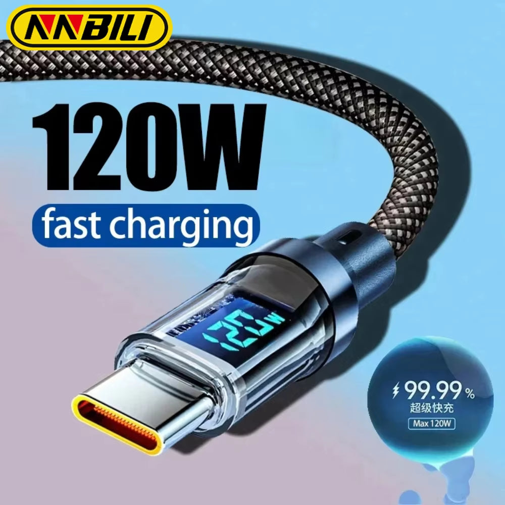 120W LED Digital Display USB Type-C Quick Charge Cable for OPPO, VIVO, and Huawei Fast Charging Data Transfer