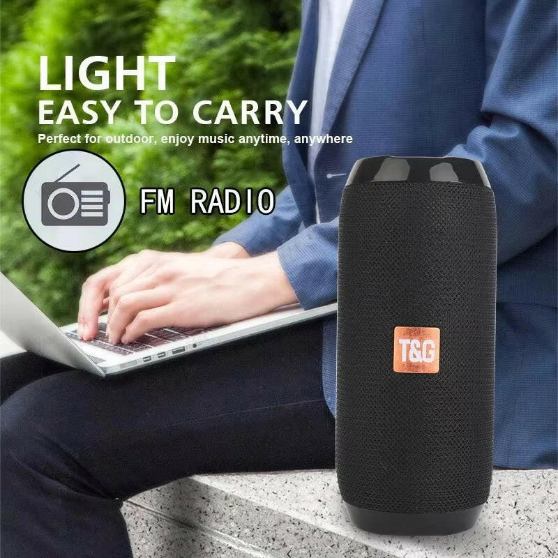 Waterproof Portable Bluetooth Speaker with Subwoofer, AUX, and FM Radio Functionality.