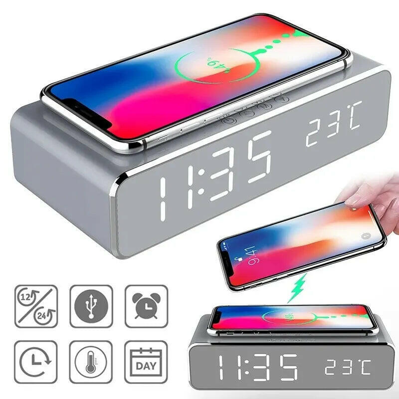 Wireless Charging Dock Station with Time Alarm Clock, LED Digital Thermometer, and Fast Charging for iPhone and Samsung Earphones.