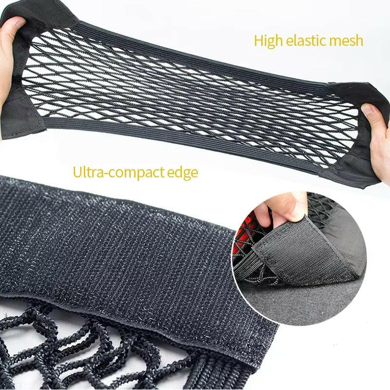 Car Back Seat Mesh Storage Organizer with Elastic String Net and Magic Sticker - Universal Trunk Pocket Cage.