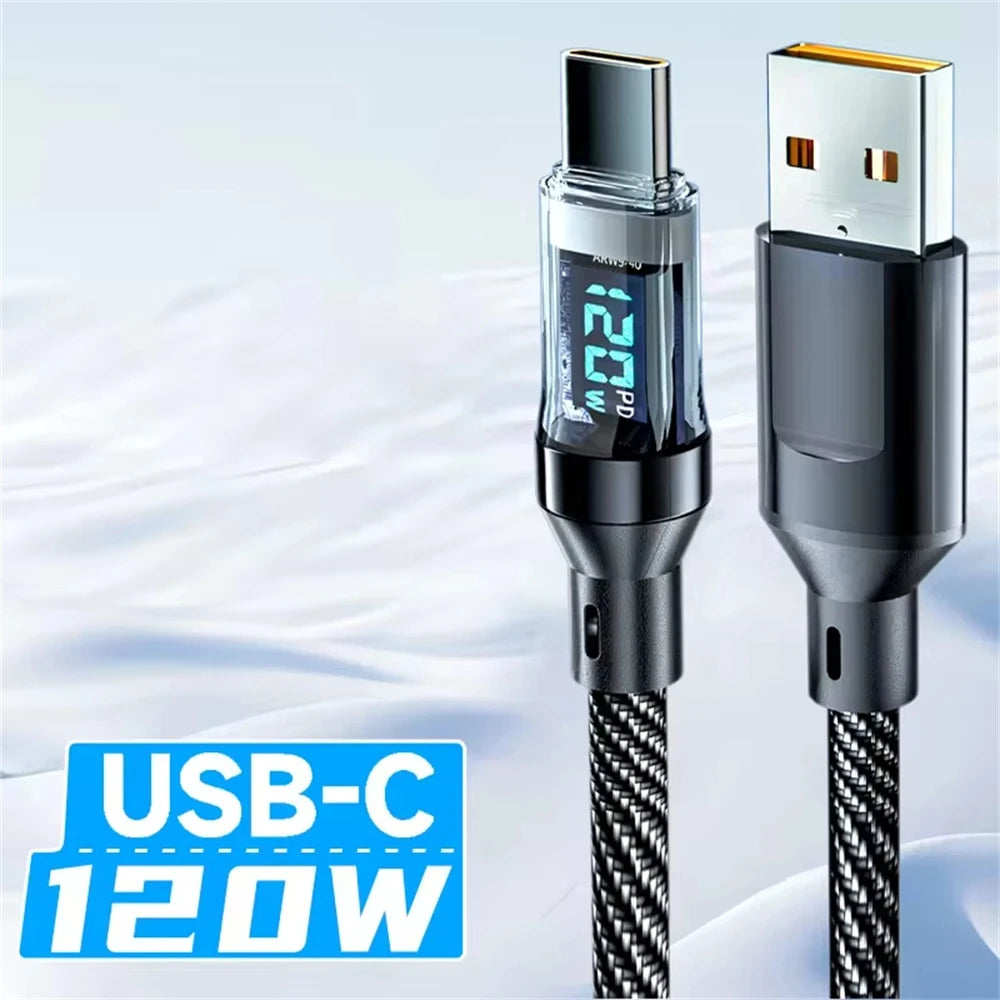 120W LED Digital Display USB Type-C Quick Charge Cable for OPPO, VIVO, and Huawei Fast Charging Data Transfer