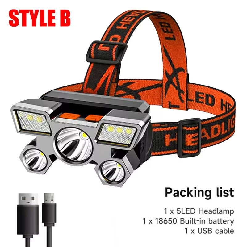 USB Rechargeable 5-LED Headlamp