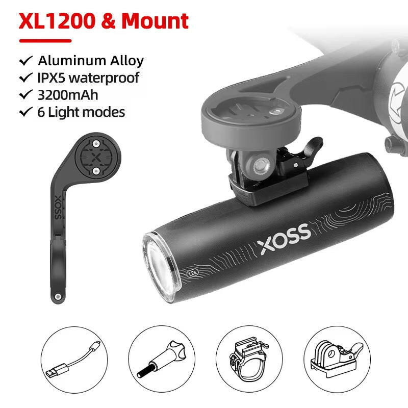 XOSS XL1200 Rechargeable Waterproof Bicycle Headlight - 200-1200 Lumen Aluminum Ultralight Front Lamp.