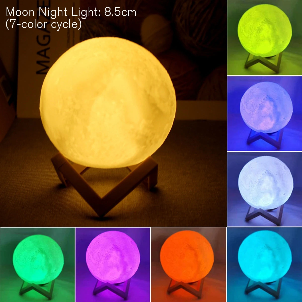 D5 8cm LED Moon Lamp with Stand - Battery Operated Starry Night Light for Bedroom Decor, Ideal Gift for Kids and Christmas