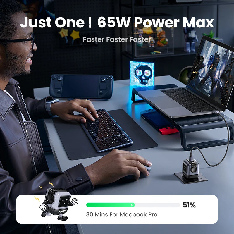 Ugreen 65W GaN Charger - Sleek Robot Design with Dual USB-C Ports for PD 3.0 Fast Charging, Compatible with iPhone 16/15/14 Pro, MacBooks, Laptops, and Tablets - Perfect for Travel and Everyday Use.
