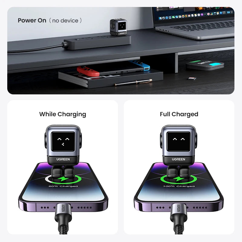 Ugreen 65W GaN Charger - Sleek Robot Design with Dual USB-C Ports for PD 3.0 Fast Charging, Compatible with iPhone 16/15/14 Pro, MacBooks, Laptops, and Tablets - Perfect for Travel and Everyday Use.