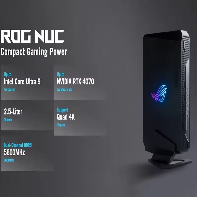 ASUS ROG NUC Ultra Gaming Mini PC with Intel Core i7/i9, RTX 4060/4070, Wi-Fi 6E, and Bluetooth 5.3.