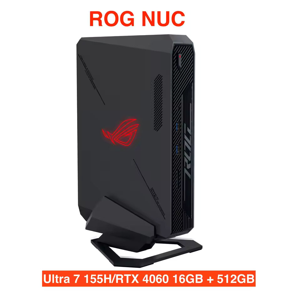 ASUS ROG NUC Ultra Gaming Mini PC with Intel Core i7/i9, RTX 4060/4070, Wi-Fi 6E, and Bluetooth 5.3.