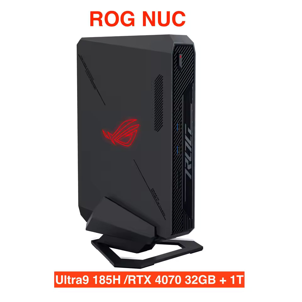 ASUS ROG NUC Ultra Gaming Mini PC with Intel Core i7/i9, RTX 4060/4070, Wi-Fi 6E, and Bluetooth 5.3.