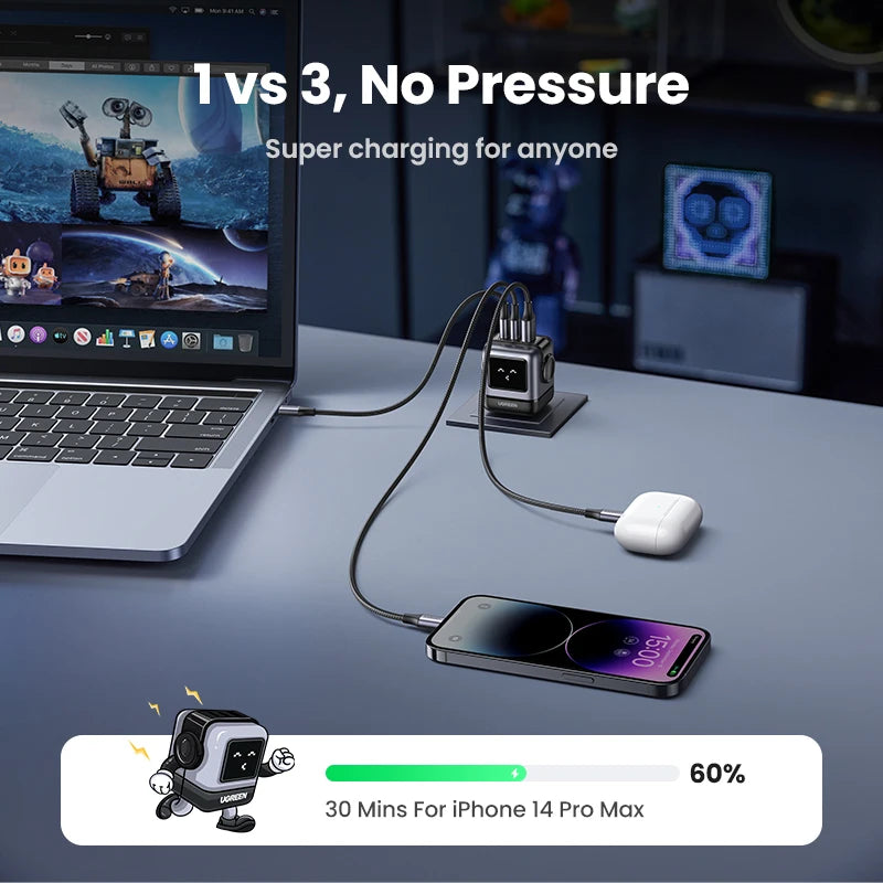 Ugreen 65W GaN Charger - Sleek Robot Design with Dual USB-C Ports for PD 3.0 Fast Charging, Compatible with iPhone 16/15/14 Pro, MacBooks, Laptops, and Tablets - Perfect for Travel and Everyday Use.