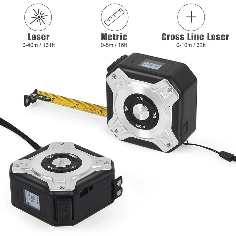 3-in-1 Laser Measuring Tool - 40/60M Distance Meter with Stainless Steel Digital Tape Measure and 5M Retractable Rangefinder