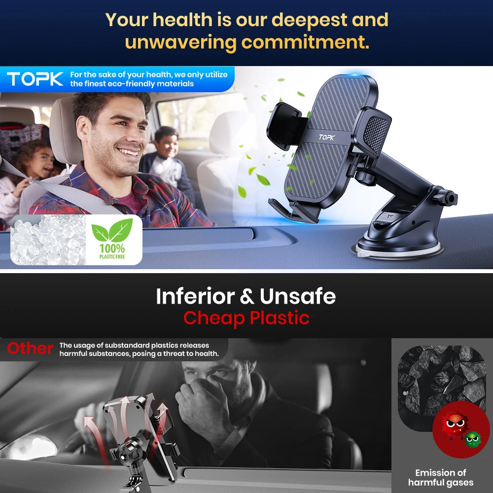 TOPK Premium Automotive Smartphone Mount - Ultra-Stable Holder for Dashboard, Windscreen, and Air Vent Compatibility with All Smartphones.