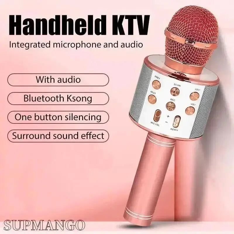 Professional Wireless Handheld Karaoke Microphone with USB Speaker for Kids and Music Recording.