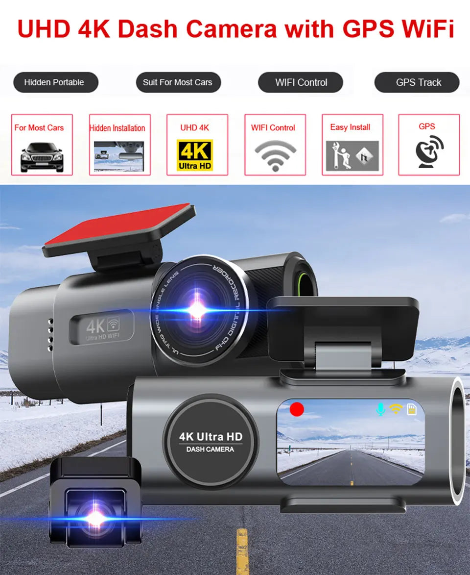 4K UHD Dash Cam with Night Vision, Built-In Wi-Fi, GPS Support, and 24-Hour Parking Monitoring