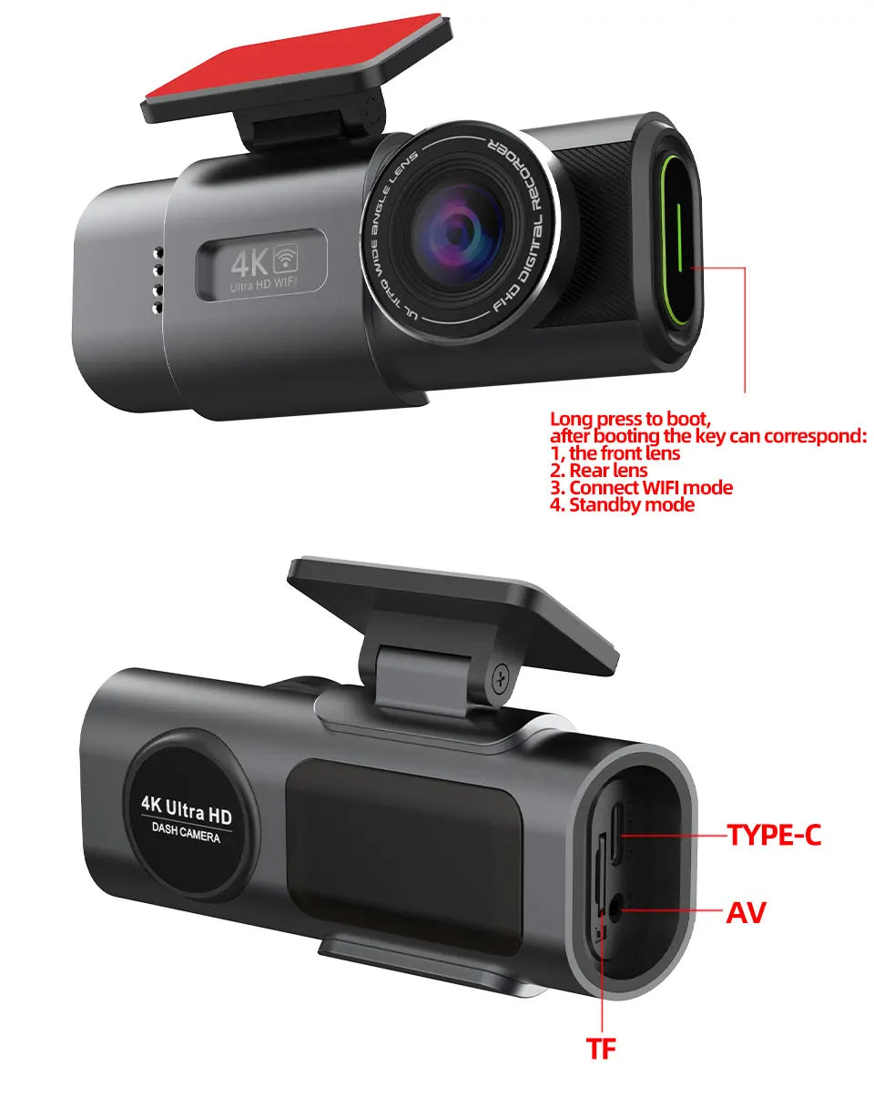 4K UHD Dash Cam with Night Vision, Built-In Wi-Fi, GPS Support, and 24-Hour Parking Monitoring