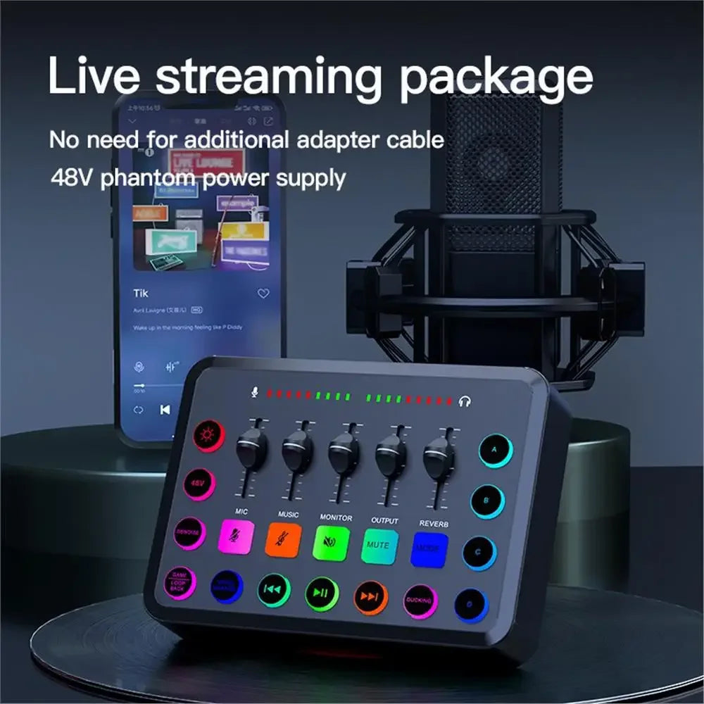 F11 Professional 5-Channel Live Sound Card Mixer for Streaming and Studio Recording with Podcast Accessories.