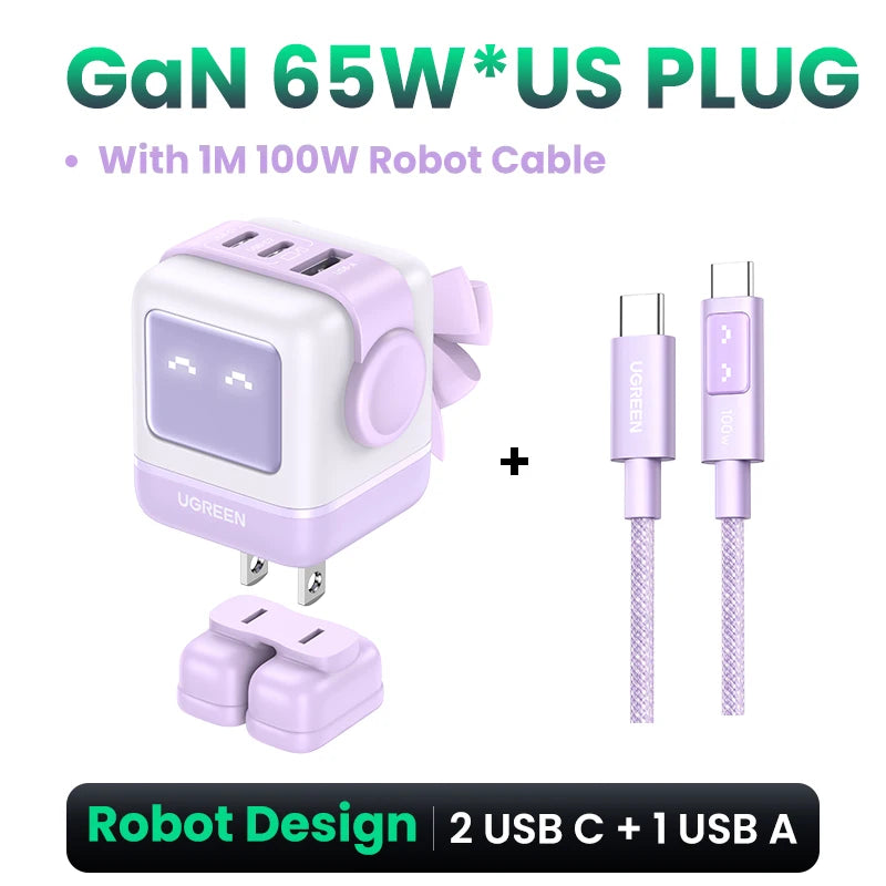 Ugreen 65W GaN Charger - Sleek Robot Design with Dual USB-C Ports for PD 3.0 Fast Charging, Compatible with iPhone 16/15/14 Pro, MacBooks, Laptops, and Tablets - Perfect for Travel and Everyday Use.