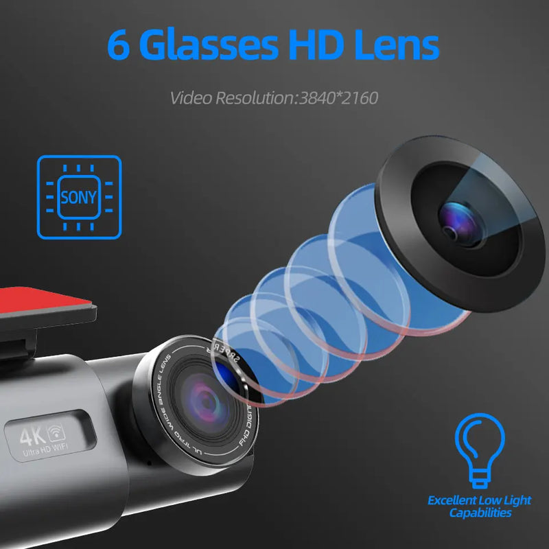 4K UHD Dash Cam with Night Vision, Built-In Wi-Fi, GPS Support, and 24-Hour Parking Monitoring
