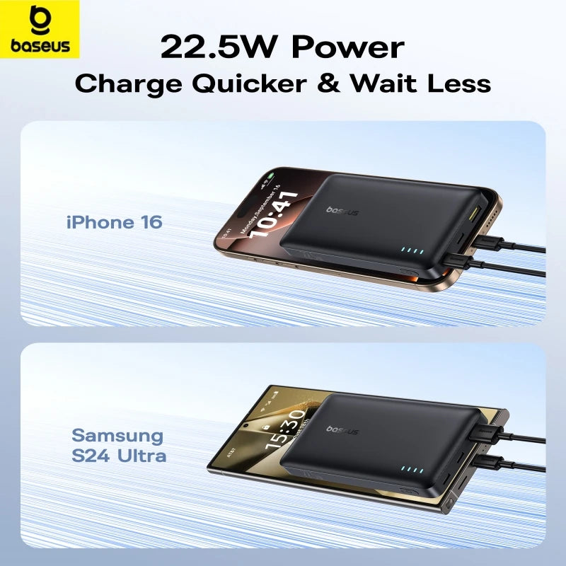 Baseus 22.5W 10000mAh Portable Power Bank with Quick Charge and Power Delivery Fast Charging for iPhone 16, 15, Samsung, and Xiaomi Devices.