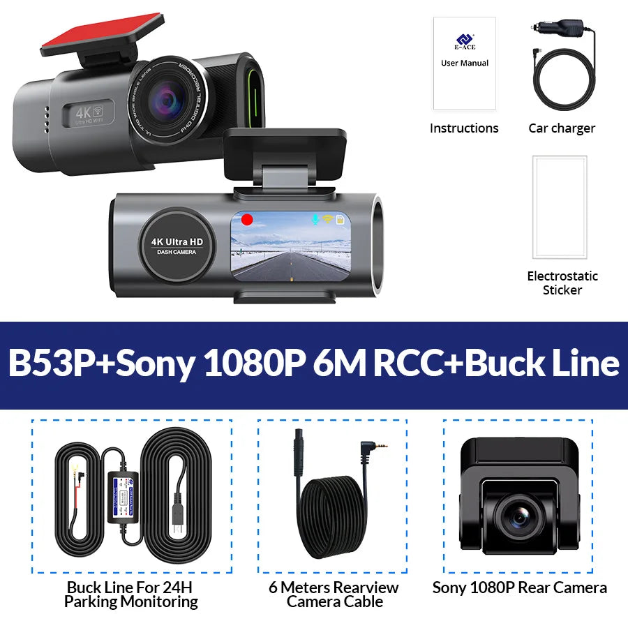 4K UHD Dash Cam with Night Vision, Built-In Wi-Fi, GPS Support, and 24-Hour Parking Monitoring