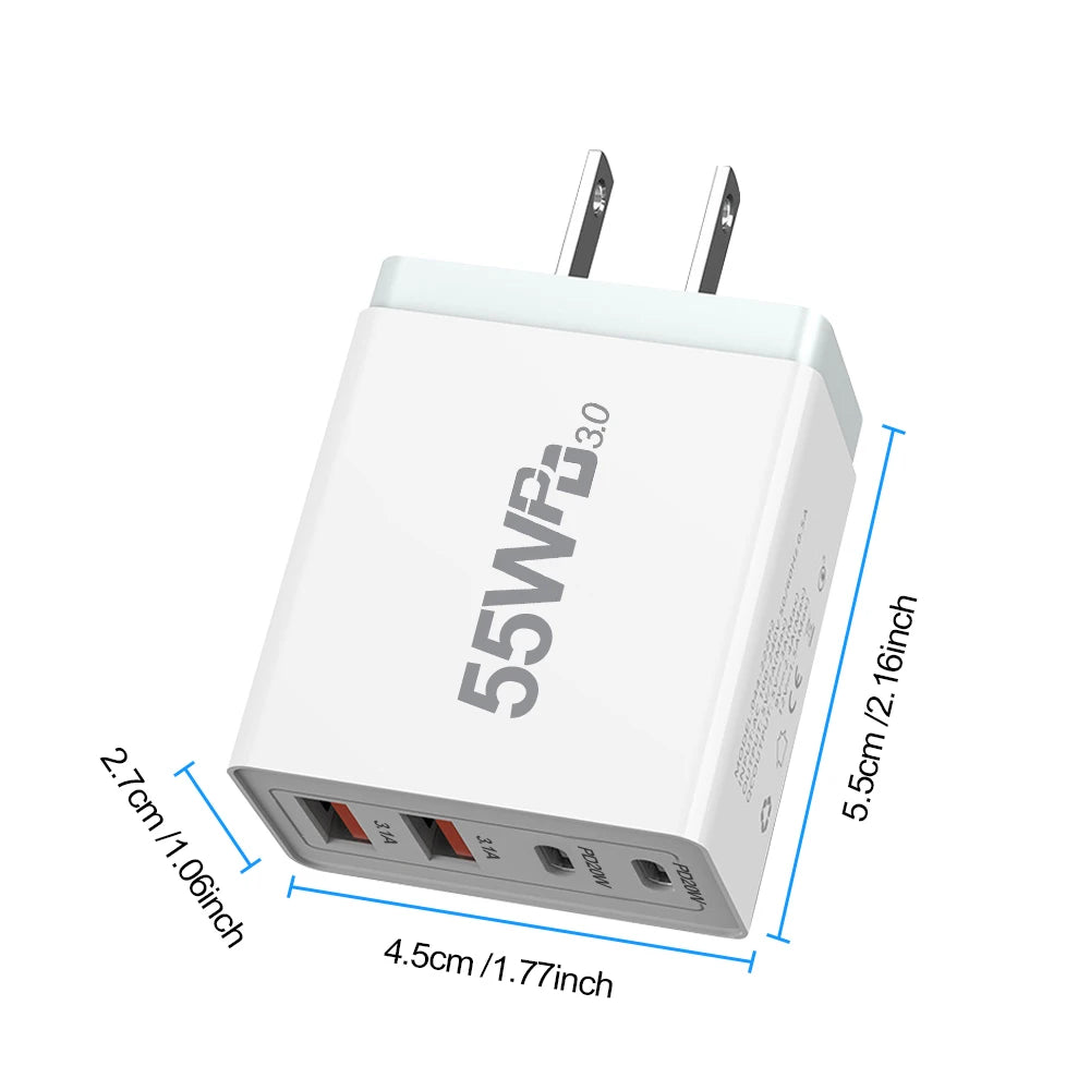 High-Efficiency Quick Charge 3.0 USB Wall Charger with International Plugs for iPhone 13 Pro Max and Type C Devices.