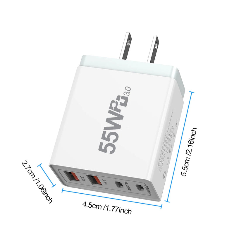 High-Efficiency Quick Charge 3.0 USB Wall Charger with International Plugs for iPhone 13 Pro Max and Type C Devices.