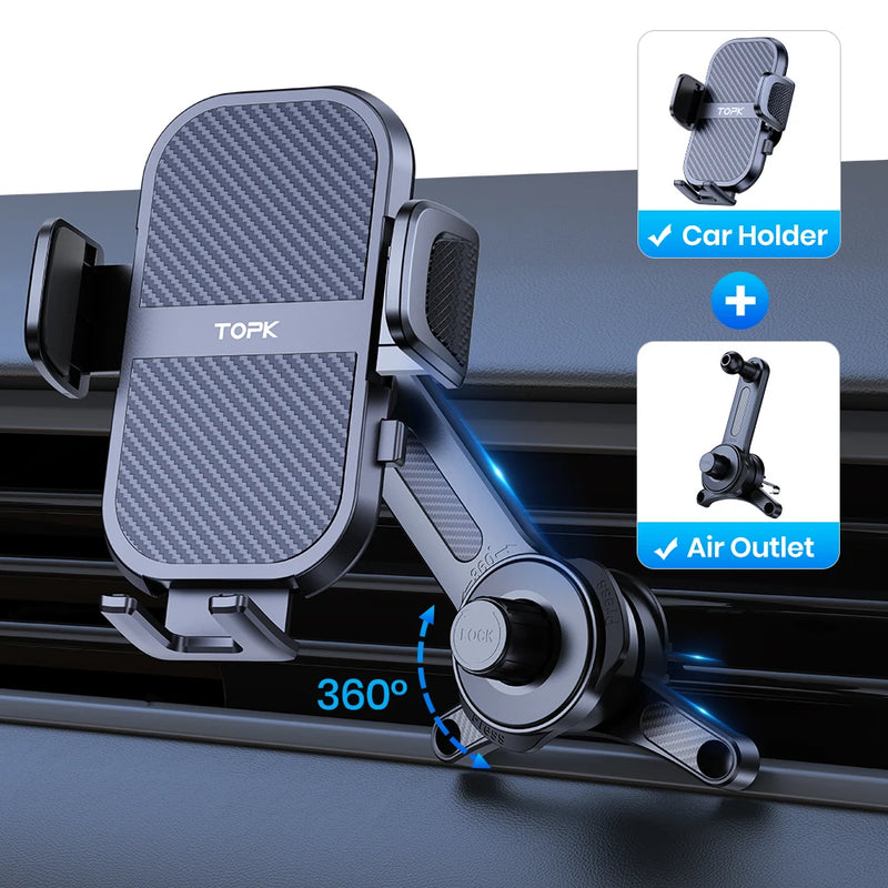 TOPK Premium Automotive Smartphone Mount - Ultra-Stable Holder for Dashboard, Windscreen, and Air Vent Compatibility with All Smartphones.