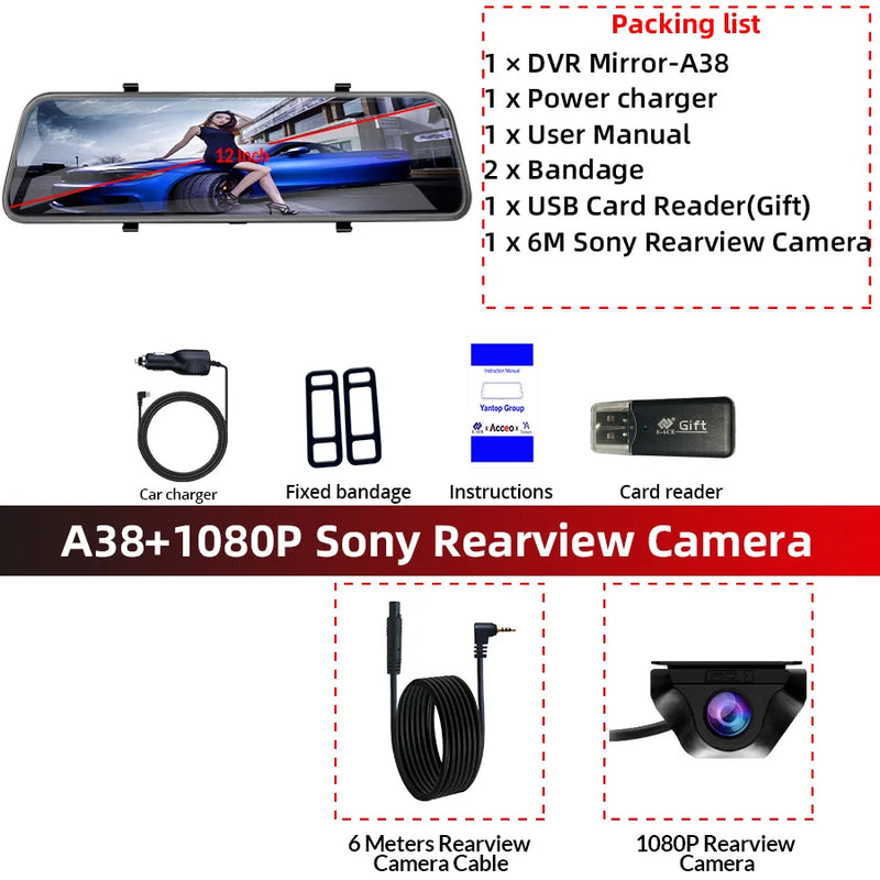 12-Inch Touch Screen Dash Cam and Rearview Camera System for Vehicles with DVR Functionality and Sony Technology.