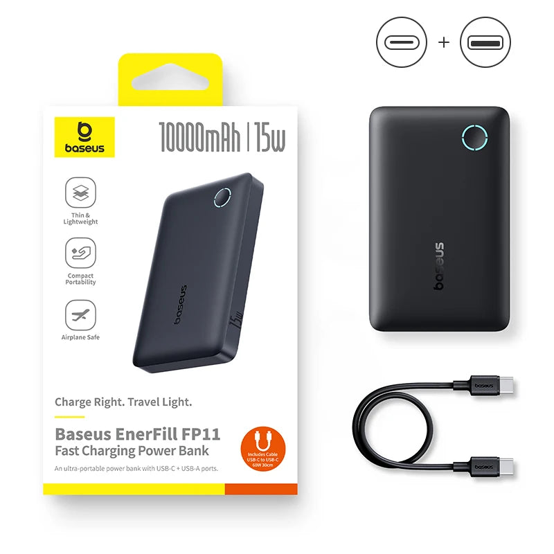 Baseus 22.5W 10000mAh Portable Power Bank with Quick Charge and Power Delivery Fast Charging for iPhone 16, 15, Samsung, and Xiaomi Devices.