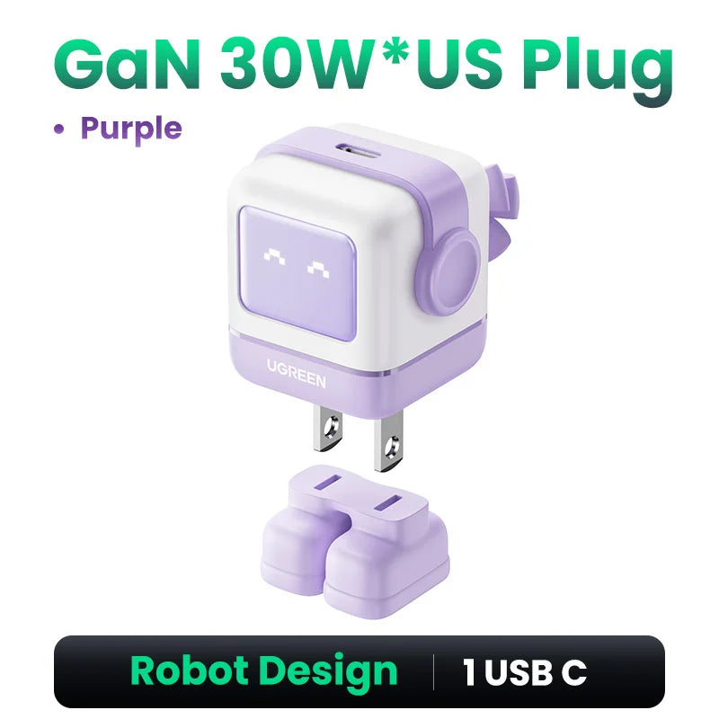 Ugreen 65W GaN Charger - Sleek Robot Design with Dual USB-C Ports for PD 3.0 Fast Charging, Compatible with iPhone 16/15/14 Pro, MacBooks, Laptops, and Tablets - Perfect for Travel and Everyday Use.