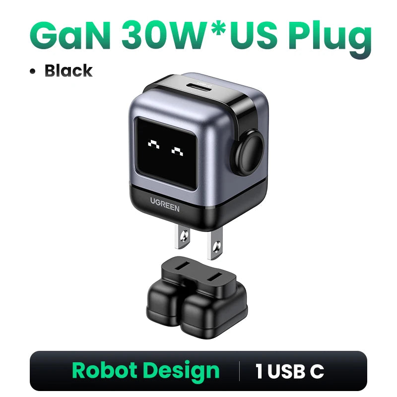 Ugreen 65W GaN Charger - Sleek Robot Design with Dual USB-C Ports for PD 3.0 Fast Charging, Compatible with iPhone 16/15/14 Pro, MacBooks, Laptops, and Tablets - Perfect for Travel and Everyday Use.