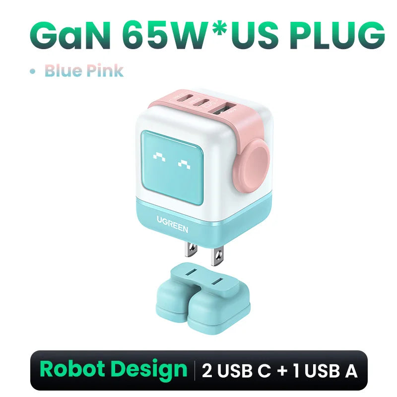 Ugreen 65W GaN Charger - Sleek Robot Design with Dual USB-C Ports for PD 3.0 Fast Charging, Compatible with iPhone 16/15/14 Pro, MacBooks, Laptops, and Tablets - Perfect for Travel and Everyday Use.