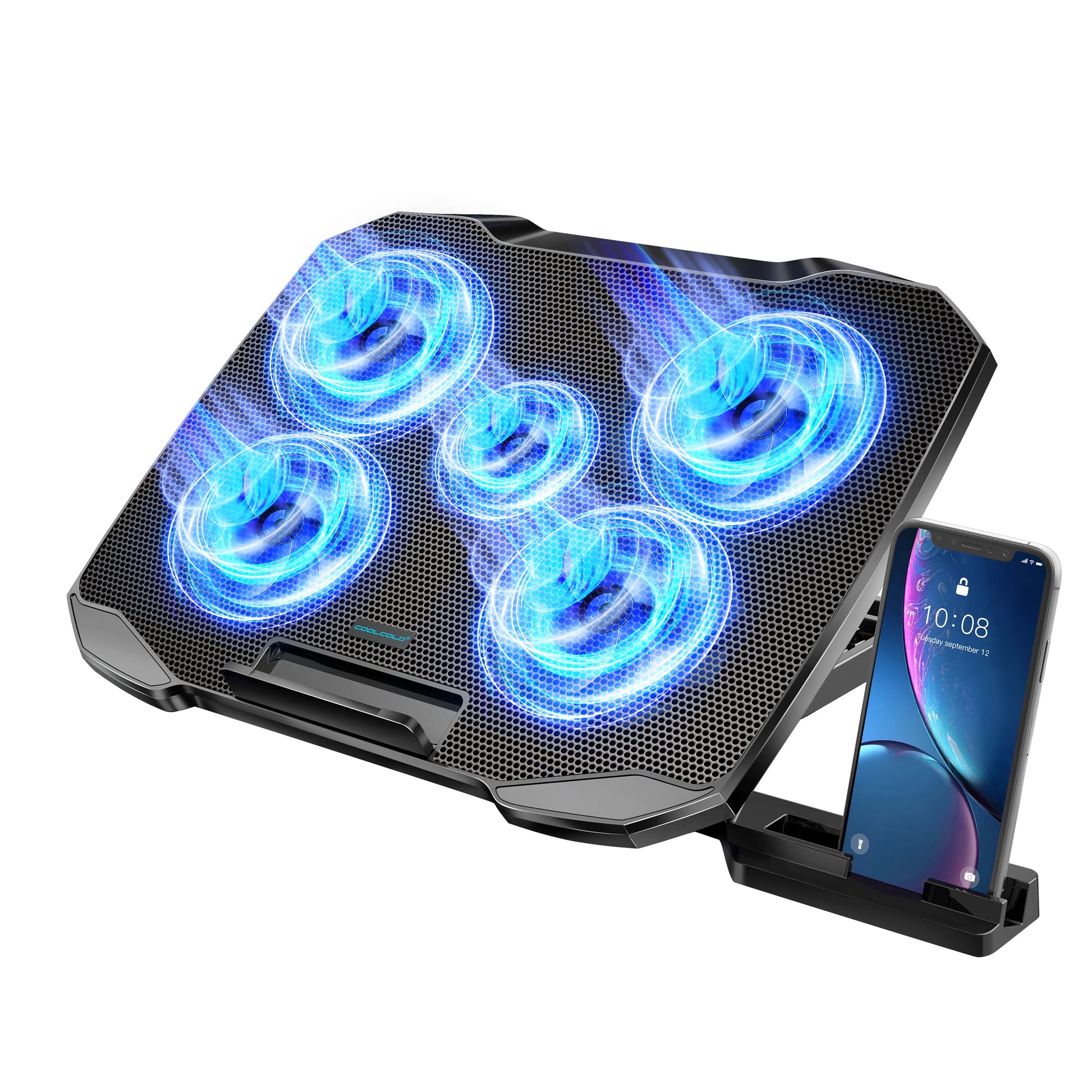 Premium COOLCOLD Laptop Cooling Pad for 12-17 Inch Laptops - Featuring 5 Ultra-Quiet Fans and Adjustable Ergonomic Angles with Integrated Phone Holder.