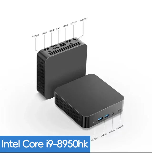 Windows 11 Mini PC with Intel Core i9-8950HK, 16GB RAM, 1/2TB SSD, Bluetooth 5.2, Wi-Fi 6, and 1000M Ethernet.