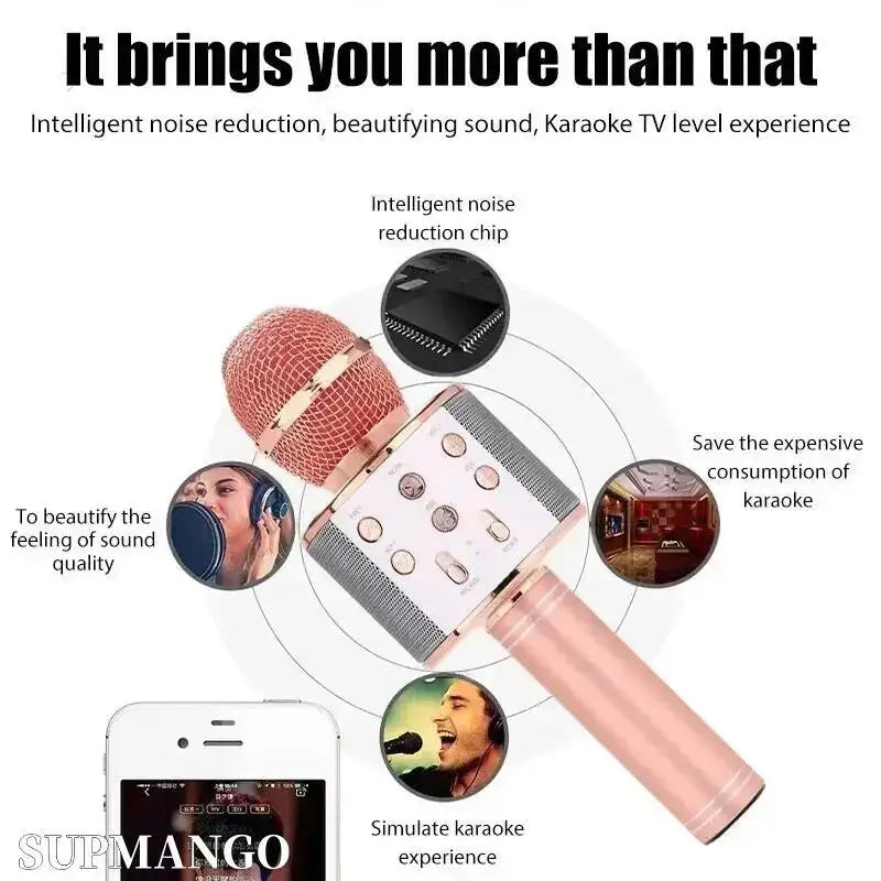 Professional Wireless Handheld Karaoke Microphone with USB Speaker for Kids and Music Recording.