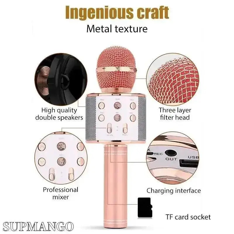 Professional Wireless Handheld Karaoke Microphone with USB Speaker for Kids and Music Recording.