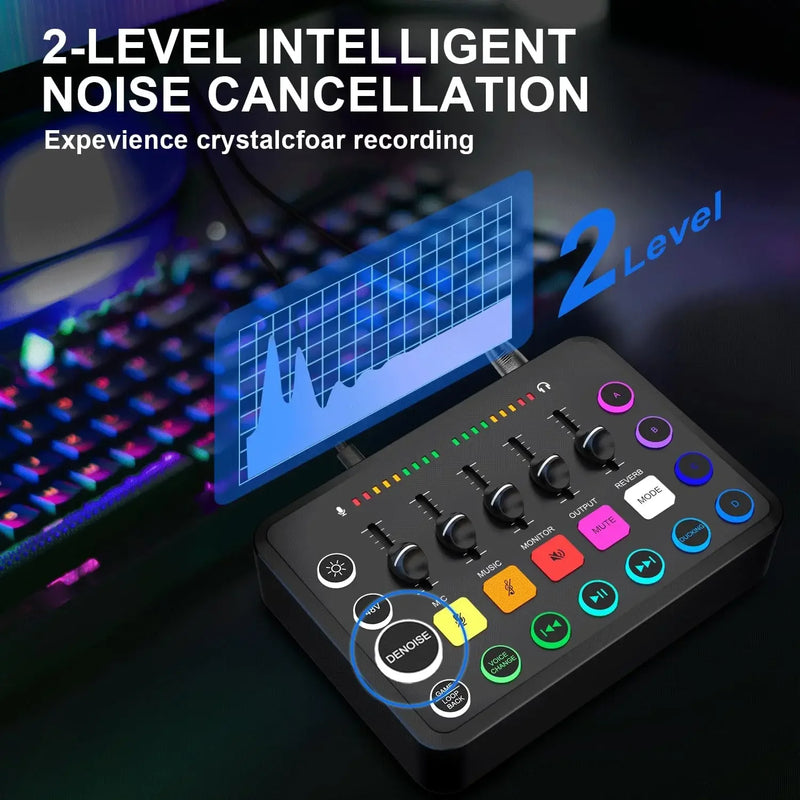 F11 Professional 5-Channel Live Sound Card Mixer for Streaming and Studio Recording with Podcast Accessories.